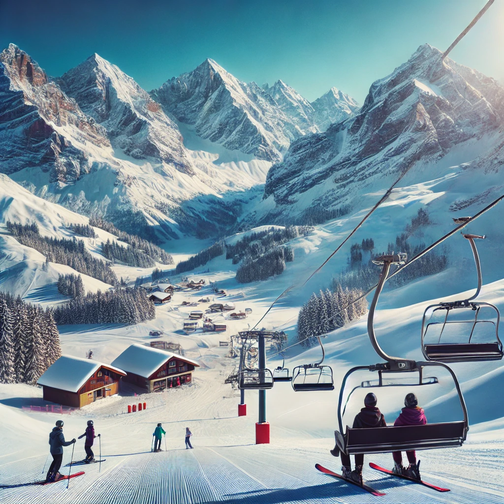 A beautiful ski resort under clear skies A beautiful ski resort under clear skies in the rdvptrwjeiptwpes region